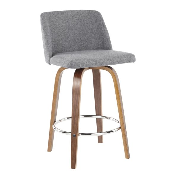 Toriano 26 Inch Mid Century Modern Walnut Grey Swivel Counter Stools Set of 2 3