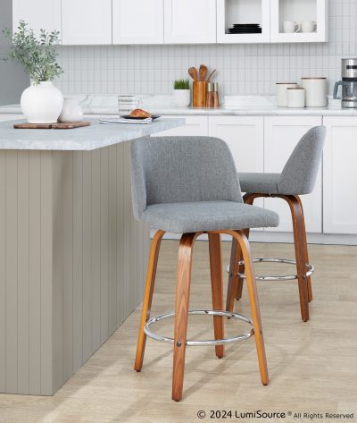 Toriano 26-Inch Mid-Century Modern Walnut Grey Swivel Counter Stools (Set of 2)