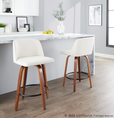 Toriano 26-Inch Walnut Cream Mid-Century Counter Stools (Set of 2)