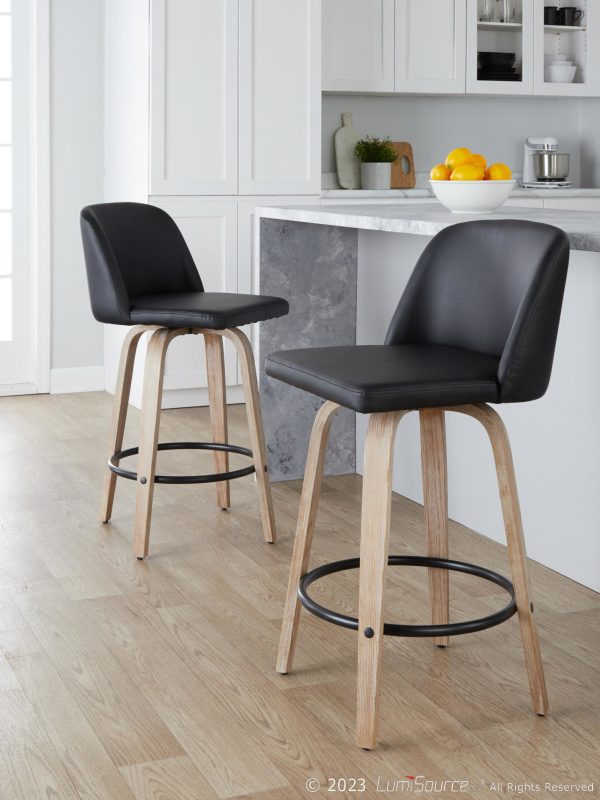 Toriano 26 Inch Whitewashed Wood Black Faux Leather Contemporary Stools Set of 2 1