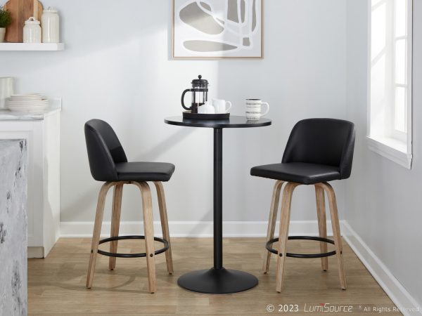 Toriano 26 Inch Whitewashed Wood Black Faux Leather Contemporary Stools Set of 2 3