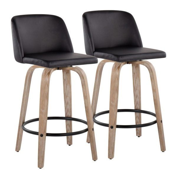 Toriano 26 Inch Whitewashed Wood Black Faux Leather Contemporary Stools Set of 2 4
