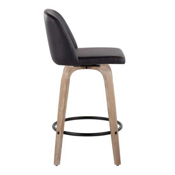 Toriano 26 Inch Whitewashed Wood Black Faux Leather Contemporary Stools Set of 2 6