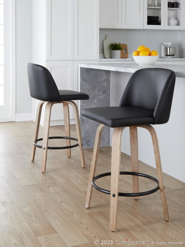 Toriano 26 Inch Whitewashed Wood Black Faux Leather Contemporary Stools Set of 2