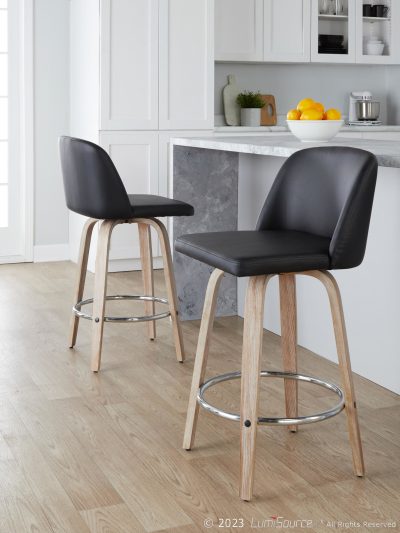 Toriano 26-Inch Whitewashed Wood Black Faux Leather Swivel Counter Stools (Set of 2)