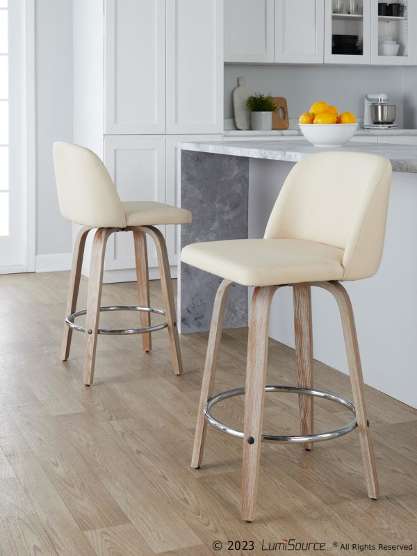 Toriano 26 Inch Whitewashed Wood Contemporary Swivel Counter Stool Set of 2 1