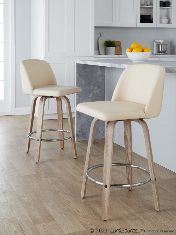 Toriano 26 Inch Whitewashed Wood Contemporary Swivel Counter Stool Set of 2