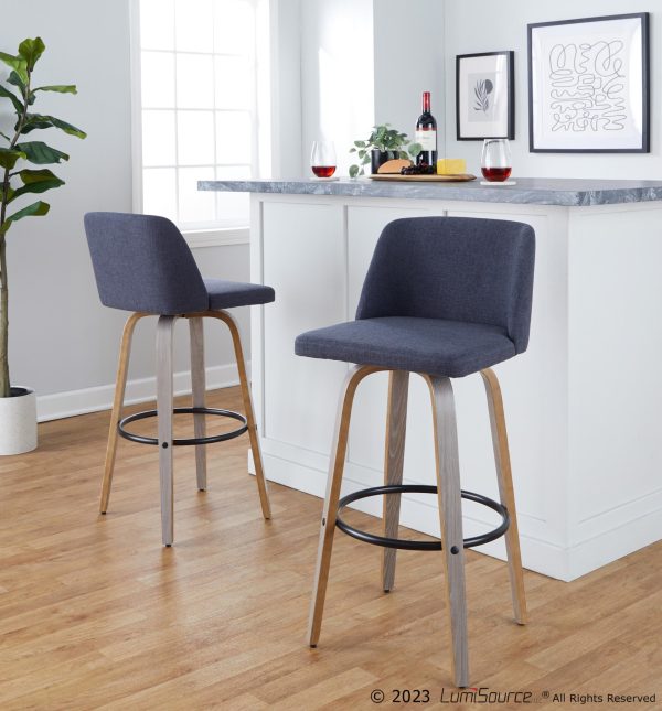 Toriano 30 Blue Fabric Contemporary Swivel Barstools Set of 2 1