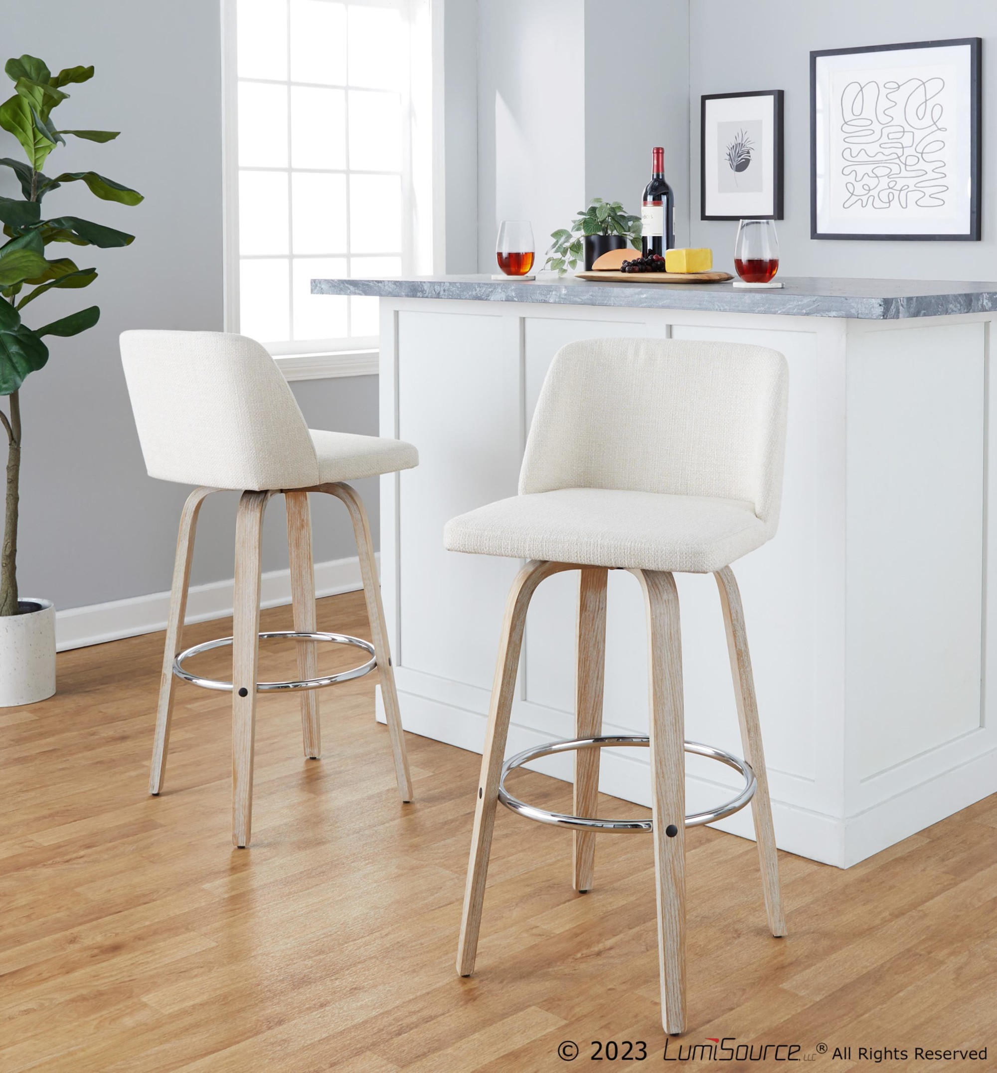 Toriano 30" Contemporary Cream Swivel Barstools Whitewashed Wood (Set of 2) 2 Toriano 30" Contemporary Cream Swivel Barstools Whitewashed Wood (Set of 2) - Image 2
