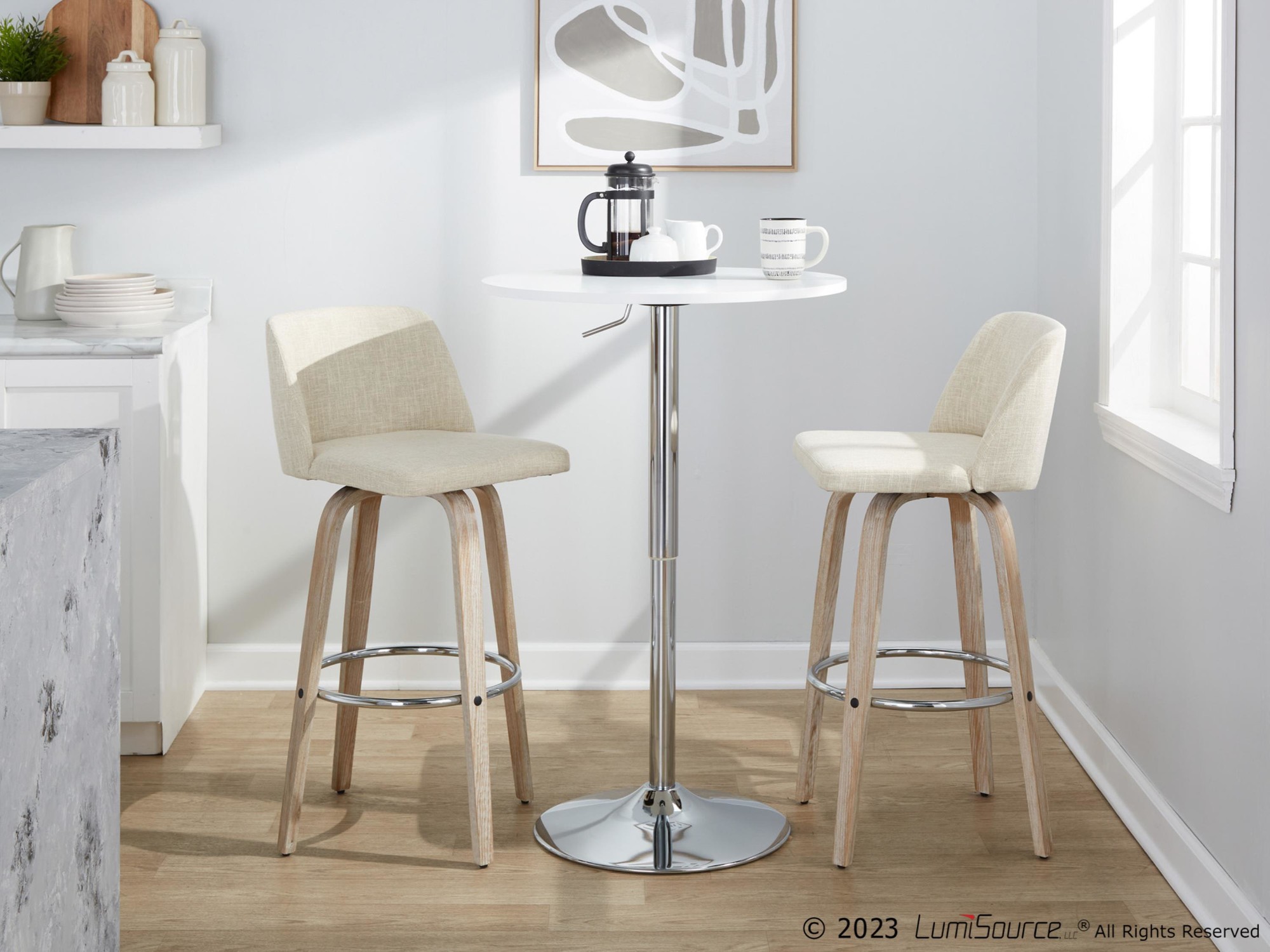 Toriano 30" Contemporary Cream Swivel Barstools Whitewashed Wood (Set of 2) 3 Toriano 30" Contemporary Cream Swivel Barstools Whitewashed Wood (Set of 2) - Image 3