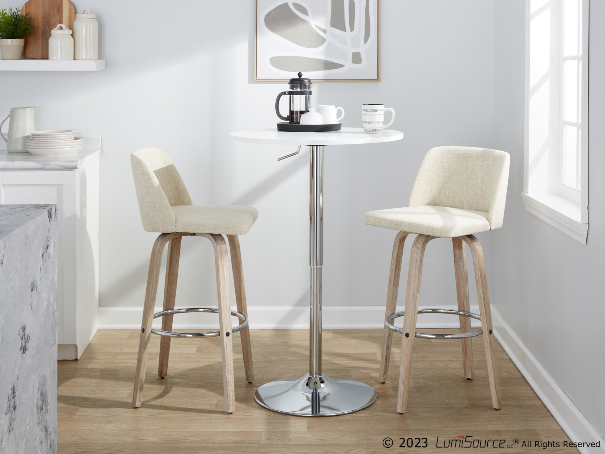 Toriano 30" Contemporary Cream Swivel Barstools Whitewashed Wood (Set of 2) 4 Toriano 30" Contemporary Cream Swivel Barstools Whitewashed Wood (Set of 2) - Image 4