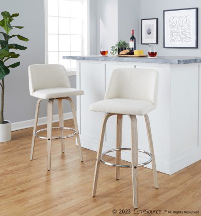Toriano 30" Contemporary Cream Swivel Barstools Whitewashed Wood (Set of 2)