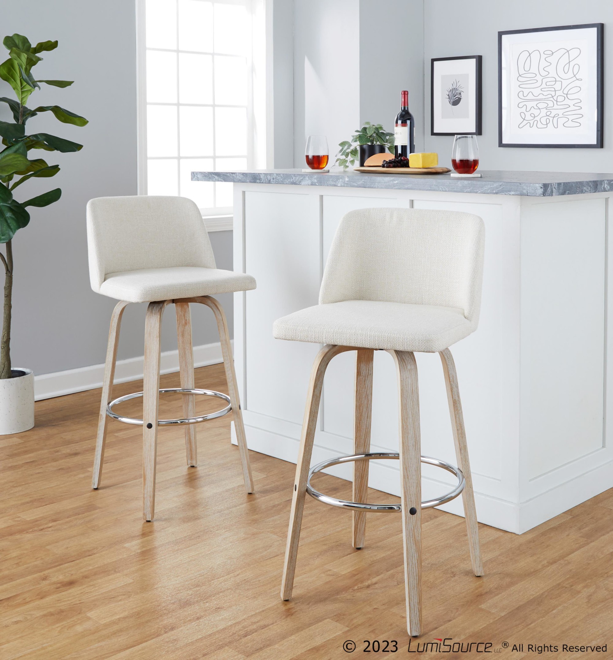 Toriano 30" Contemporary Cream Swivel Barstools Whitewashed Wood (Set of 2) 1 Toriano 30" Contemporary Cream Swivel Barstools Whitewashed Wood (Set of 2)
