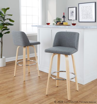 Toriano 30 Contemporary Natural Wood & Grey Swivel Barstools (Set of 2)