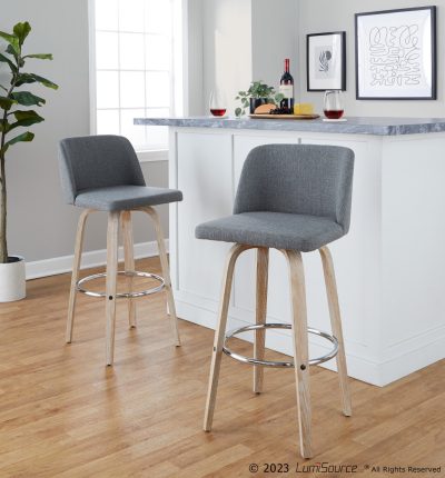 Toriano 30 Contemporary Swivel Barstool Whitewashed Wood Grey Fabric (Set of 2)