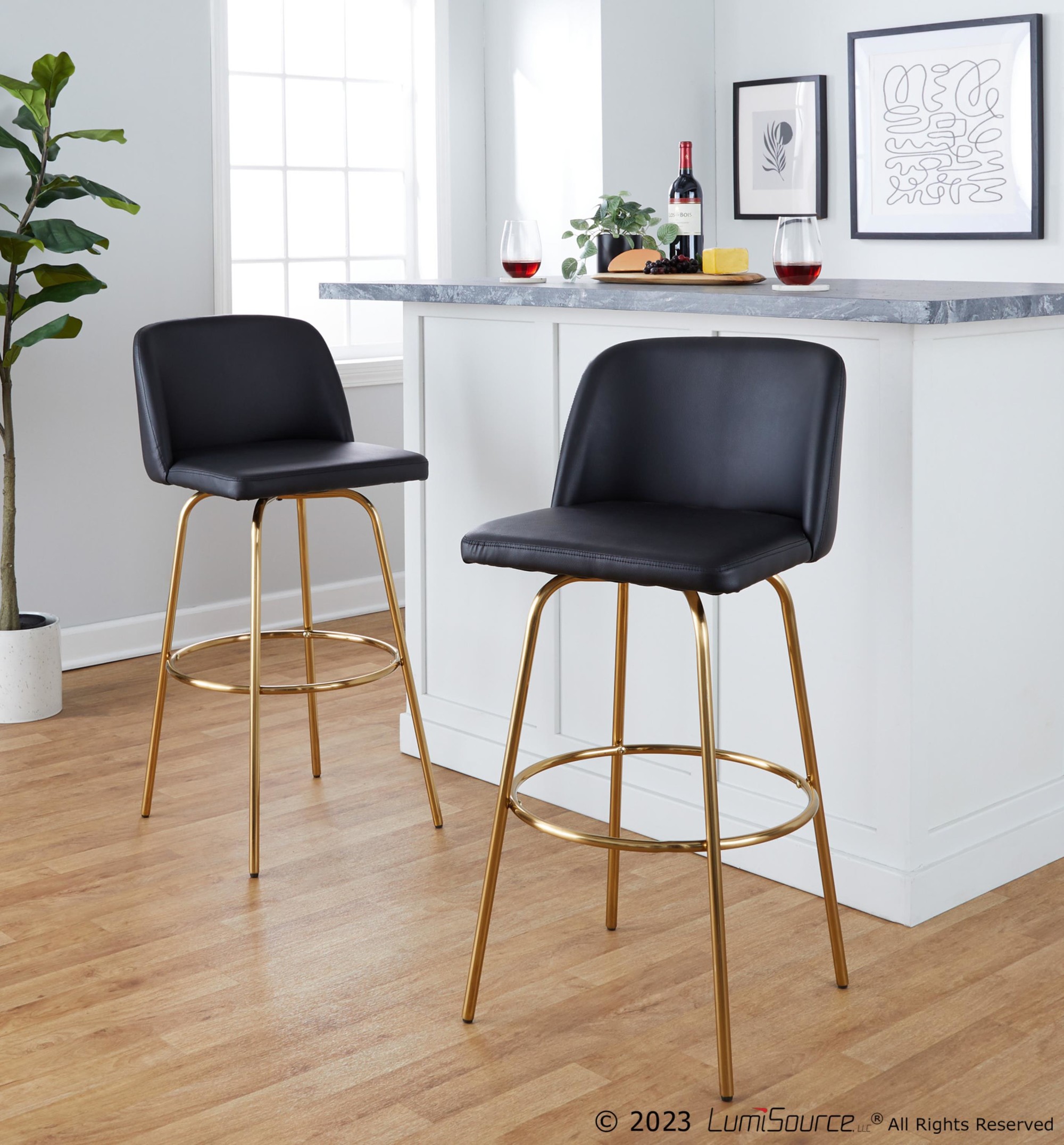 Toriano 30" Contemporary Swivel Barstools Black and Gold (Set of 2) (Set of 2) 2 Toriano 30" Contemporary Swivel Barstools Black and Gold (Set of 2) (Set of 2) - Image 2