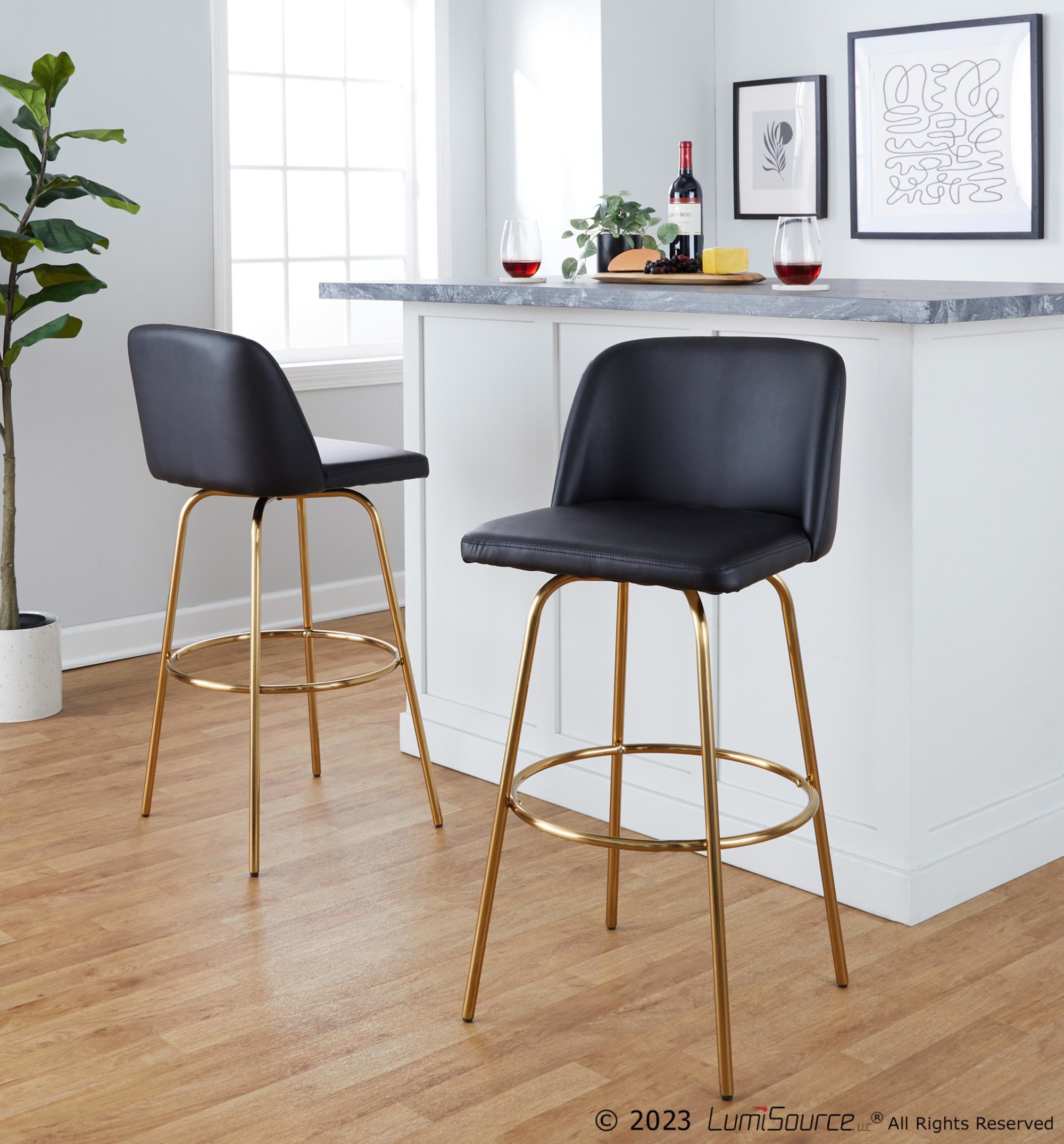Toriano 30" Contemporary Swivel Barstools Black and Gold (Set of 2) (Set of 2) 1 Toriano 30" Contemporary Swivel Barstools Black and Gold (Set of 2) (Set of 2)