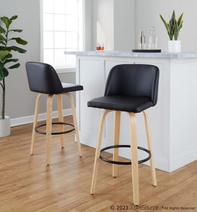 Toriano 30" Contemporary Swivel Barstools in Black and Wood (Set of 2) (Set of 2)
