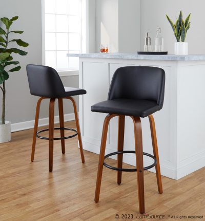 Toriano 30 Contemporary Walnut Swivel Barstools, Black Faux Leather (Set of 2)