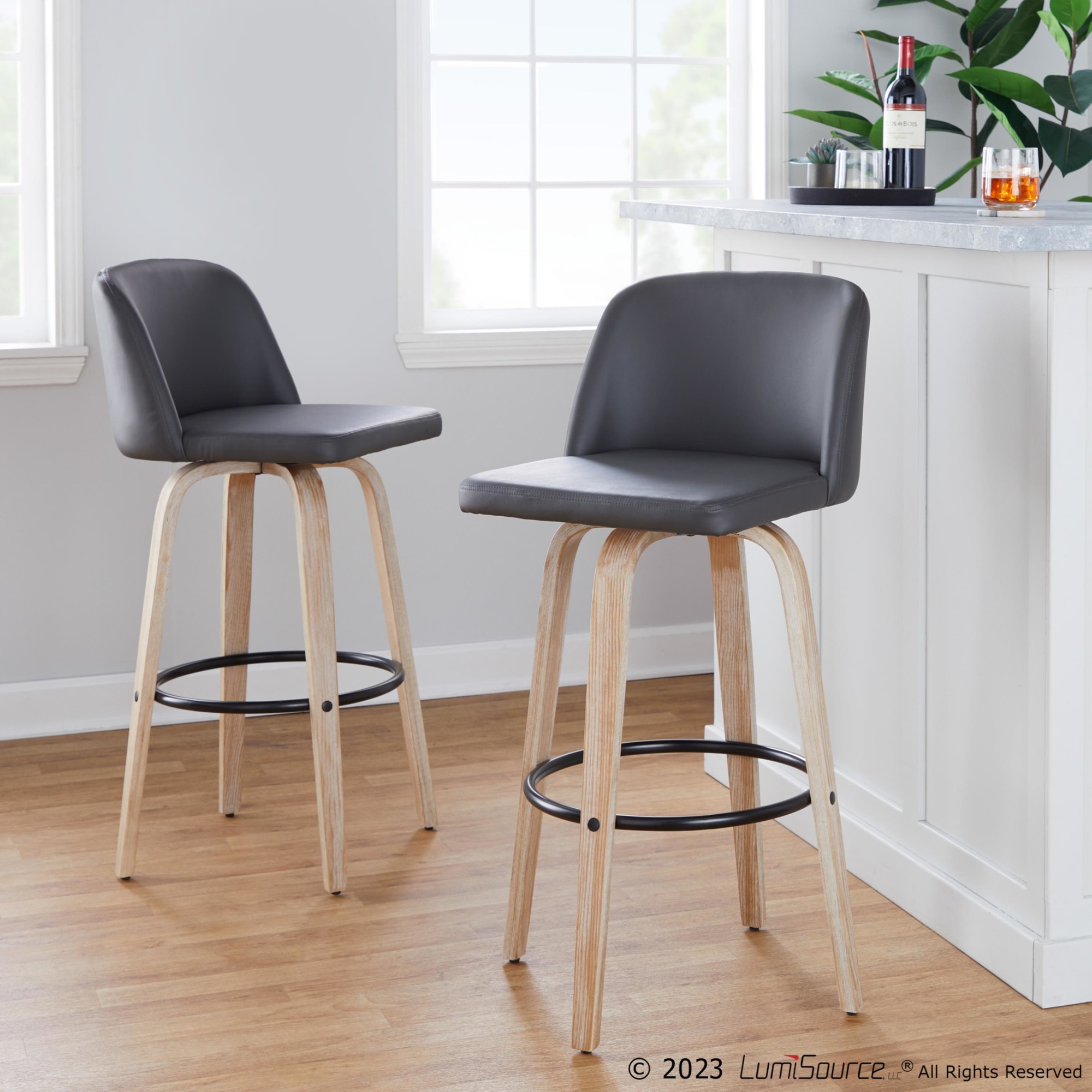 Toriano 30 Contemporary White-Washed Wood Swivel Barstools (Set of 2) 2 Toriano 30 Contemporary White-Washed Wood Swivel Barstools (Set of 2) - Image 2