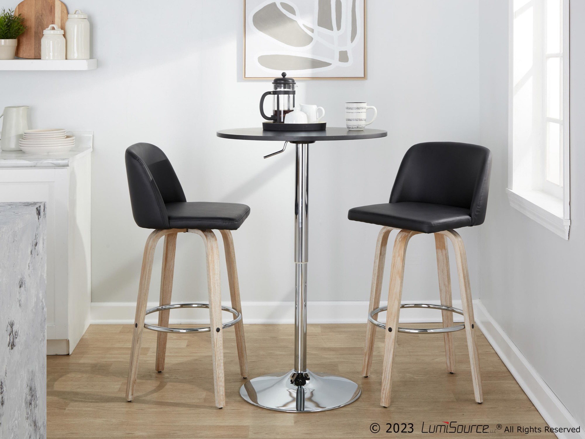 Toriano 30" Contemporary Whitewashed Wood and Black Barstools (Set of 2) 2 Toriano 30" Contemporary Whitewashed Wood and Black Barstools (Set of 2) - Image 2