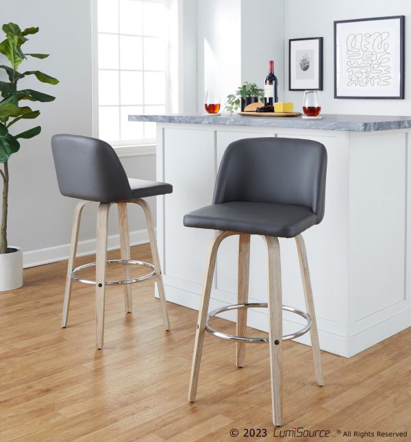 Toriano 30 Contemporary Whitewashed Wood and Grey Swivel Barstools Set of 2 1