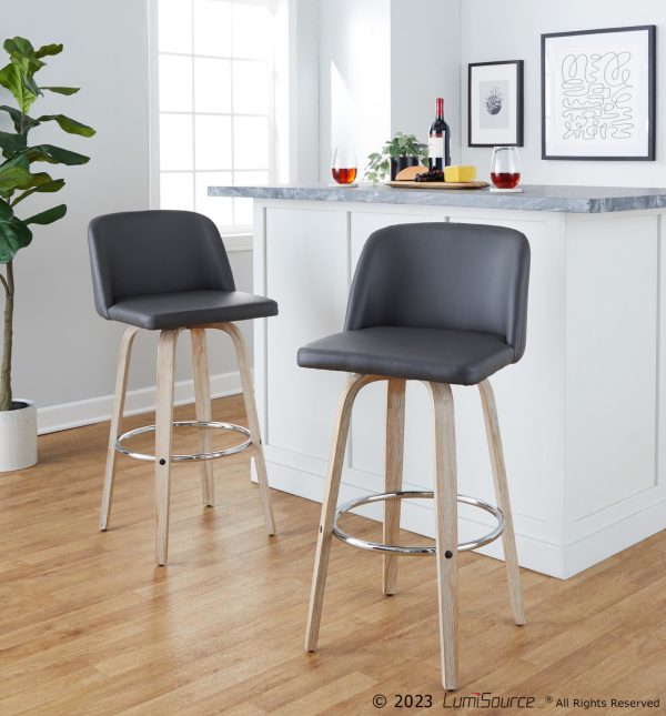 Toriano 30 Contemporary Whitewashed Wood and Grey Swivel Barstools Set of 2