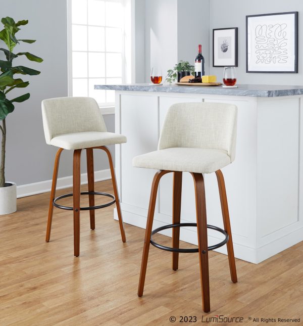 Toriano 30 Inch Cream Fabric Mid Century Modern Barstool Set of 2 1
