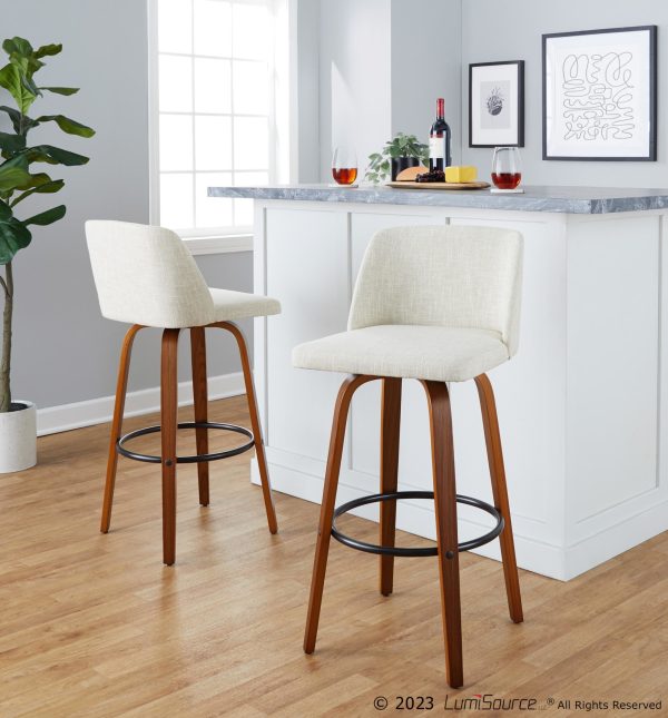 Toriano 30 Inch Cream Fabric Mid Century Modern Barstool Set of 2