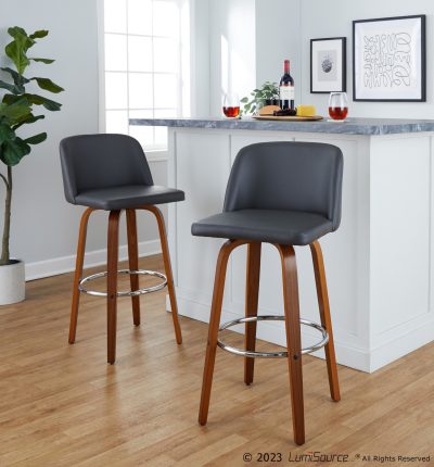 Toriano 30-Inch Mid-Century Modern Walnut and Grey Barstools (Set of 2)