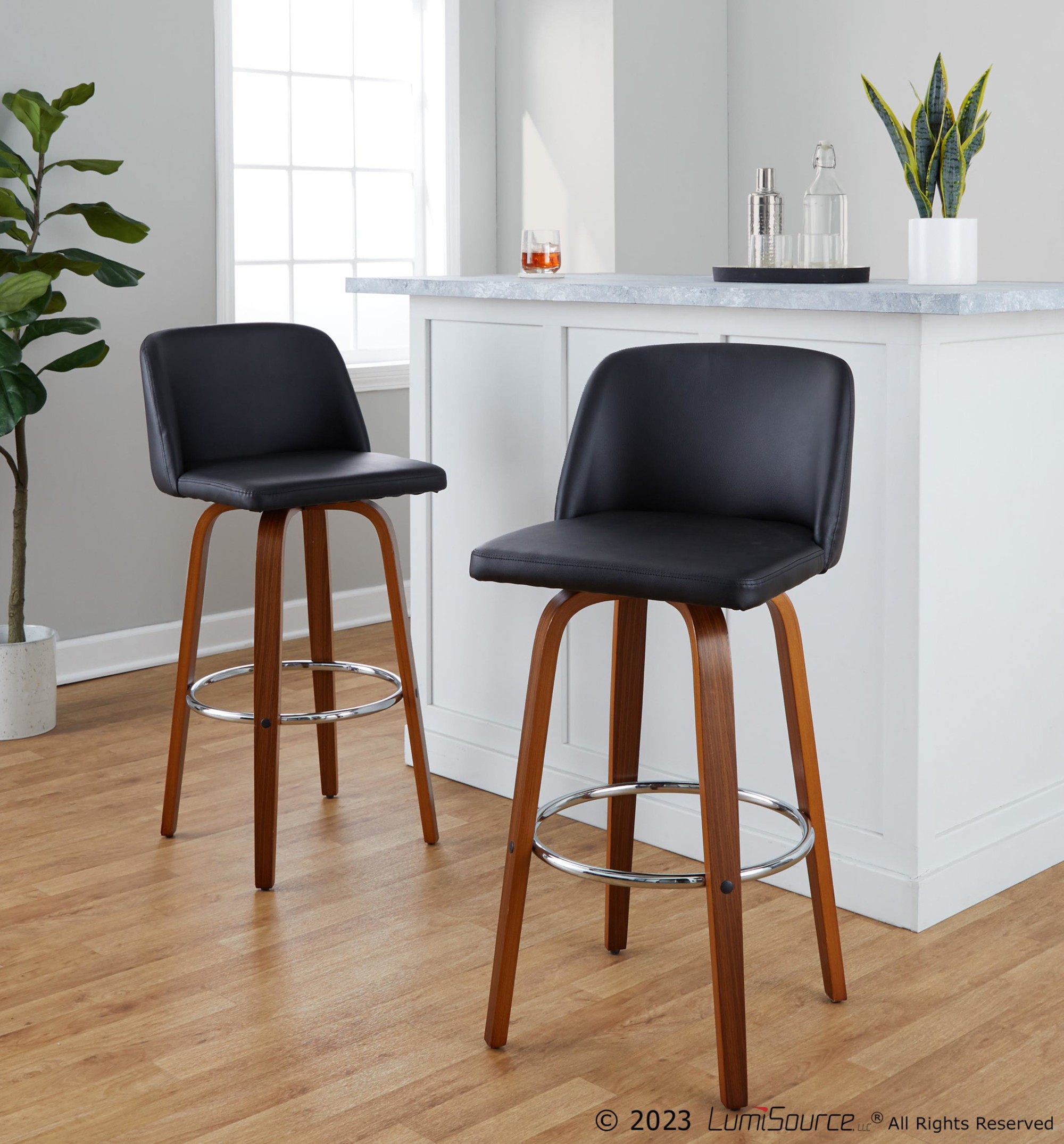 Toriano 30 Inch Walnut Black Faux Leather Mid-Century Barstool (Set of 2) 2 Toriano 30 Inch Walnut Black Faux Leather Mid-Century Barstool (Set of 2) - Image 2