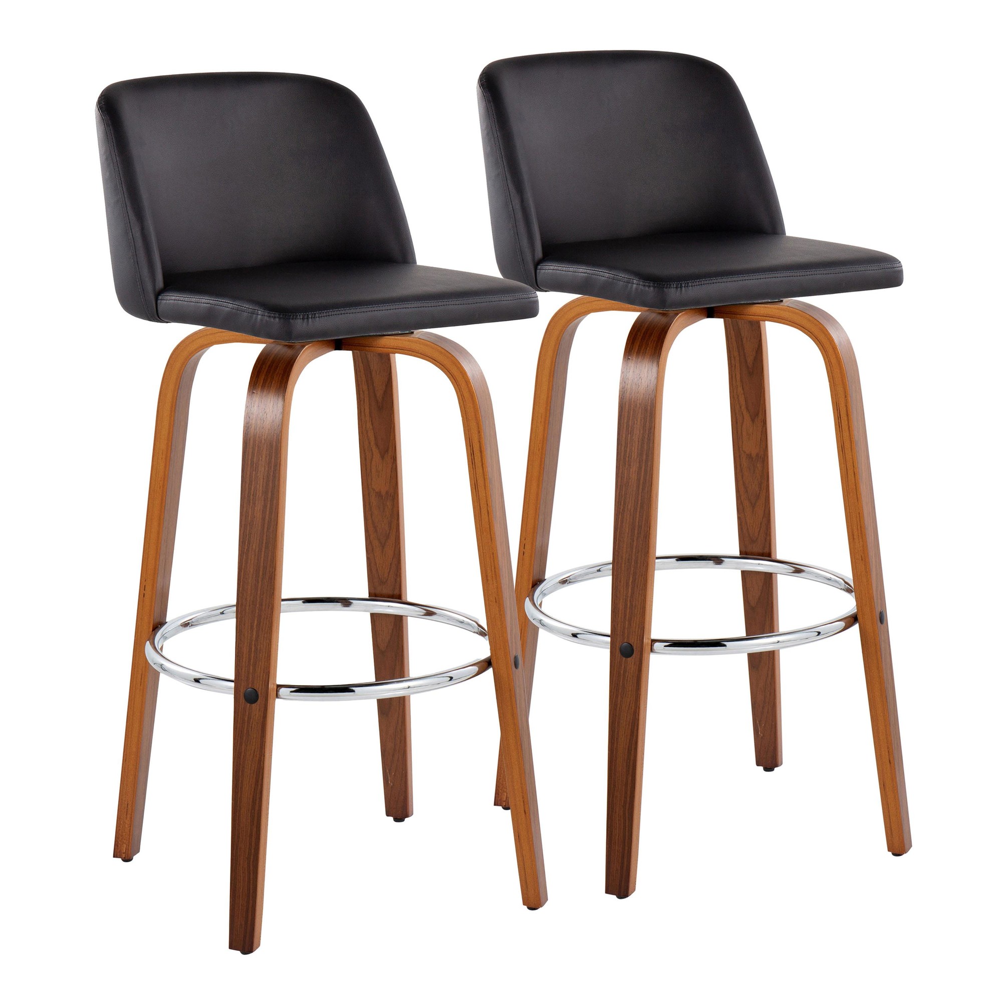 Toriano 30 Inch Walnut Black Faux Leather Mid-Century Barstool (Set of 2) 5 Toriano 30 Inch Walnut Black Faux Leather Mid-Century Barstool (Set of 2) - Image 5