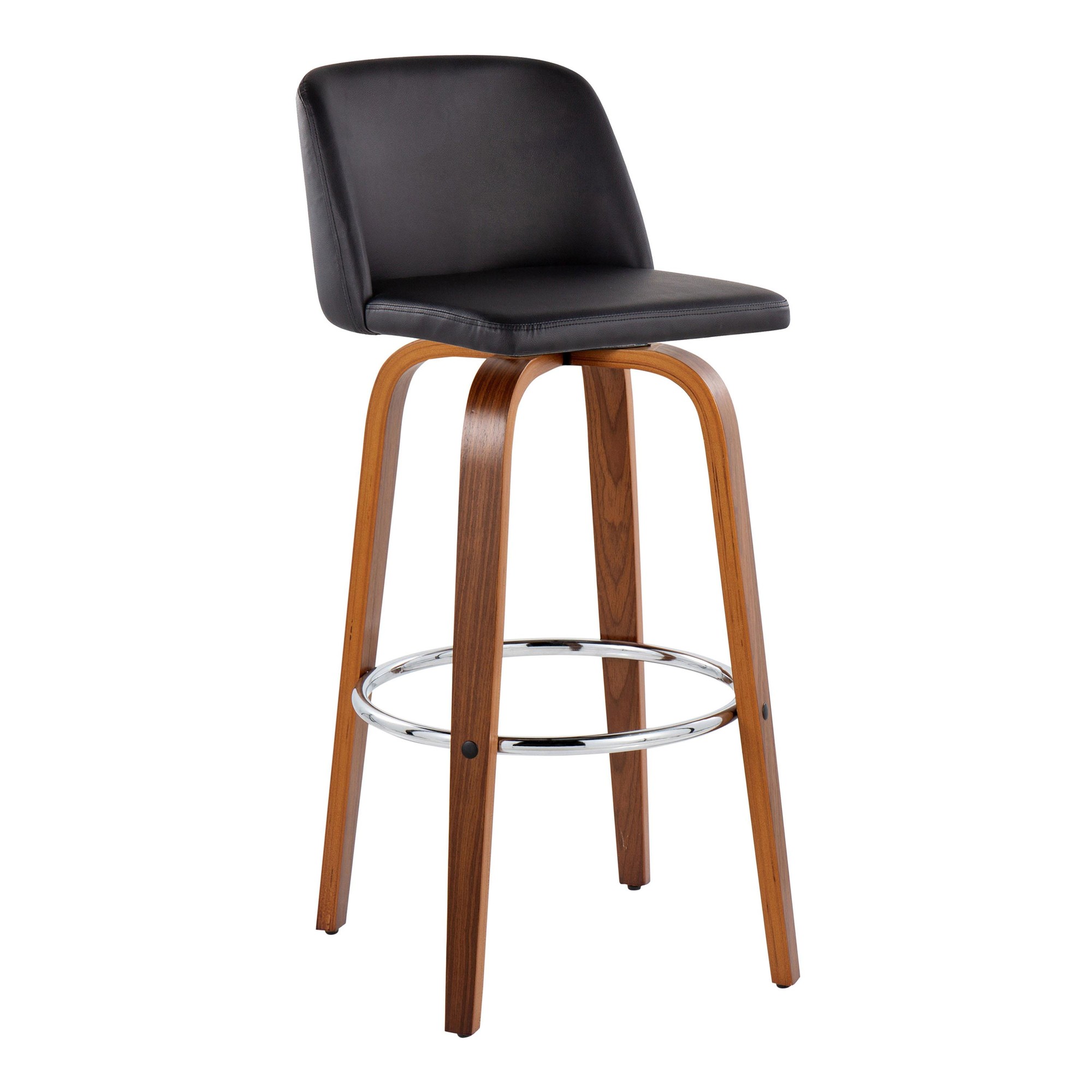 Toriano 30 Inch Walnut Black Faux Leather Mid-Century Barstool (Set of 2) 6 Toriano 30 Inch Walnut Black Faux Leather Mid-Century Barstool (Set of 2) - Image 6