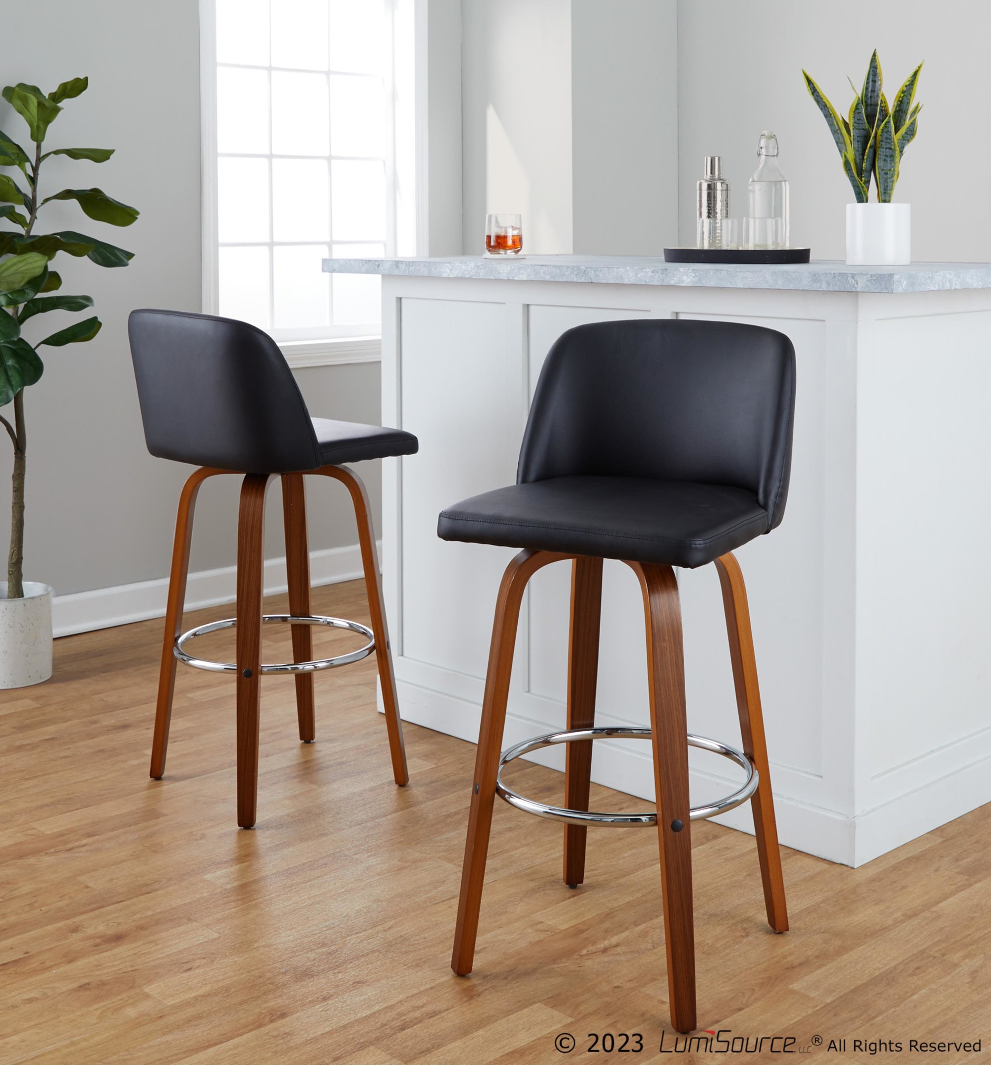 Toriano 30 Inch Walnut Black Faux Leather Mid-Century Barstool (Set of 2) 1 Toriano 30 Inch Walnut Black Faux Leather Mid-Century Barstool (Set of 2)