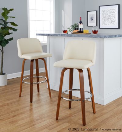 Toriano 30-Inch Walnut Cream Faux Leather Swivel Barstool (Set of 2)