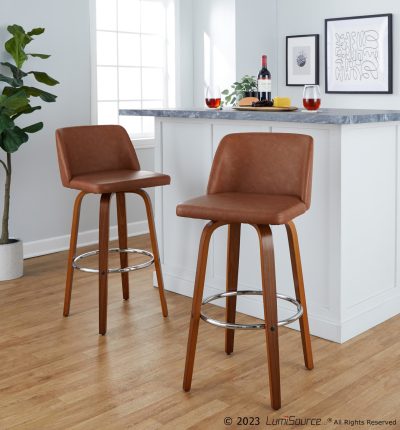 Toriano 30-Inch Walnut and Camel Faux Leather Mid-Century Barstools (Set of 2)