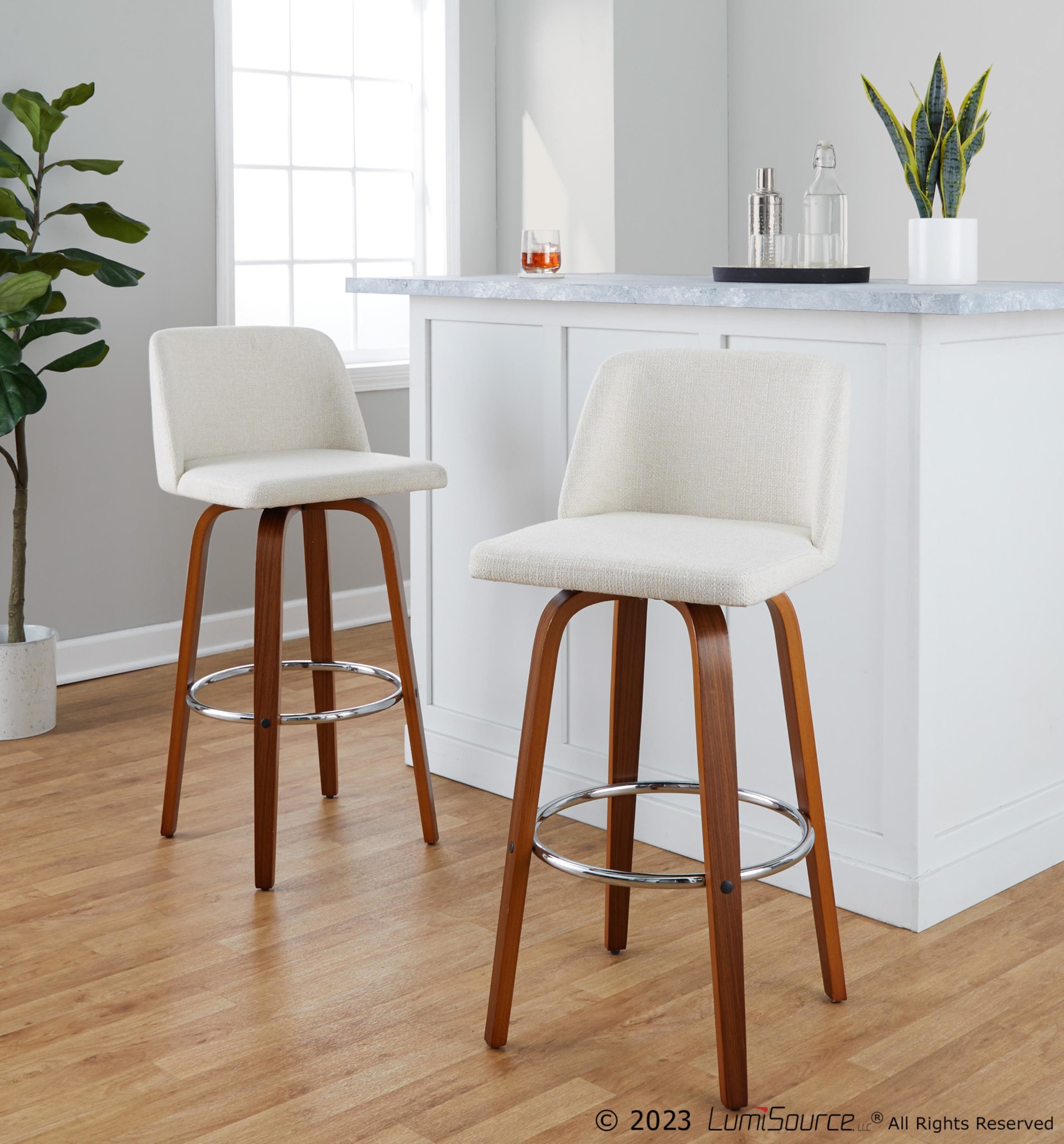 Toriano 30-Inch Walnut and Cream Mid-Century Modern Swivel Barstool (Set of 2) 2 Toriano 30-Inch Walnut and Cream Mid-Century Modern Swivel Barstool (Set of 2) - Image 2