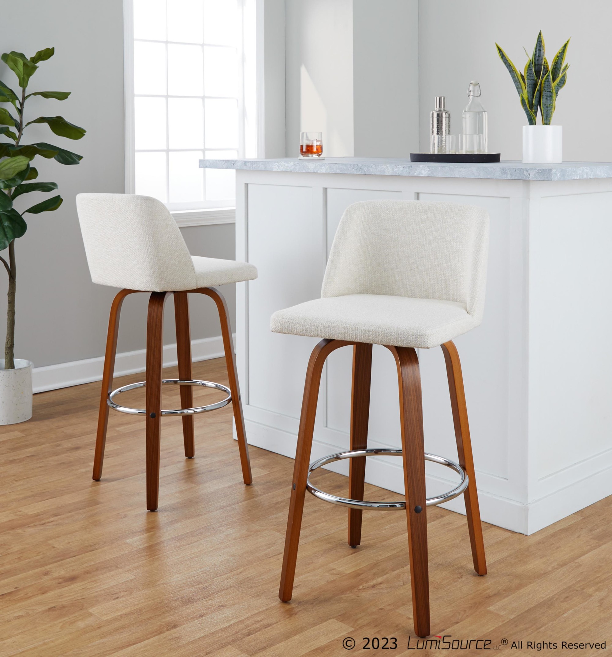 Toriano 30-Inch Walnut and Cream Mid-Century Modern Swivel Barstool (Set of 2) 1 Toriano 30-Inch Walnut and Cream Mid-Century Modern Swivel Barstool (Set of 2)