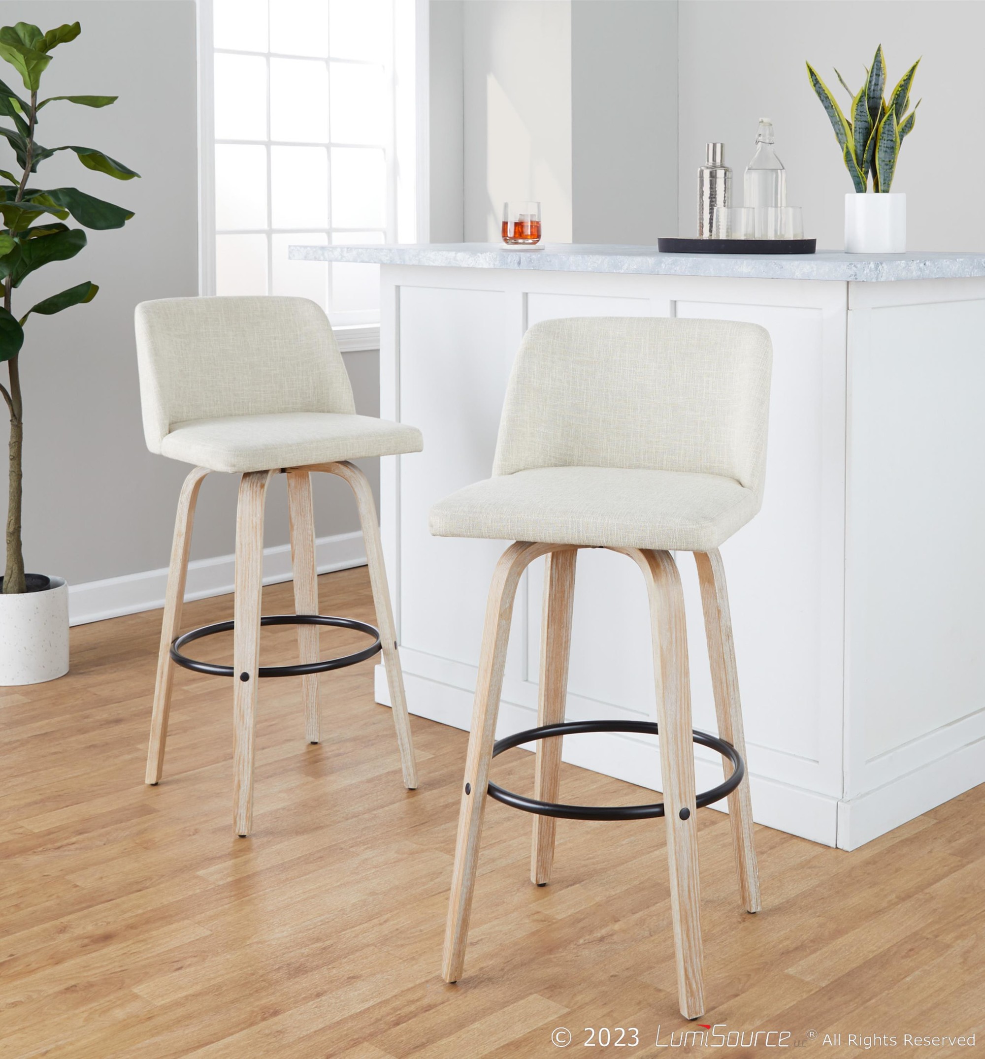 Toriano 30-Inch White Washed Wood Swivel Barstools (Set of 2) 2 Toriano 30-Inch White Washed Wood Swivel Barstools (Set of 2) - Image 2