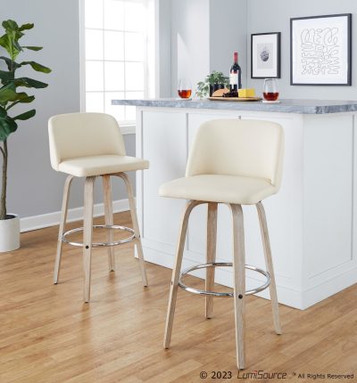 Toriano 30-Inch Whitewashed Wood and Cream Contemporary Swivel Barstools (Set of 2)