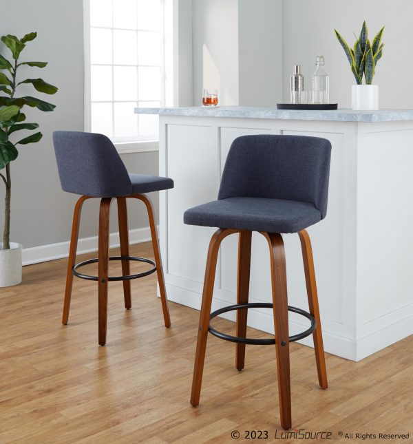 Toriano 30 Mid Century Modern Blue Swivel Barstool Pair Set of 2