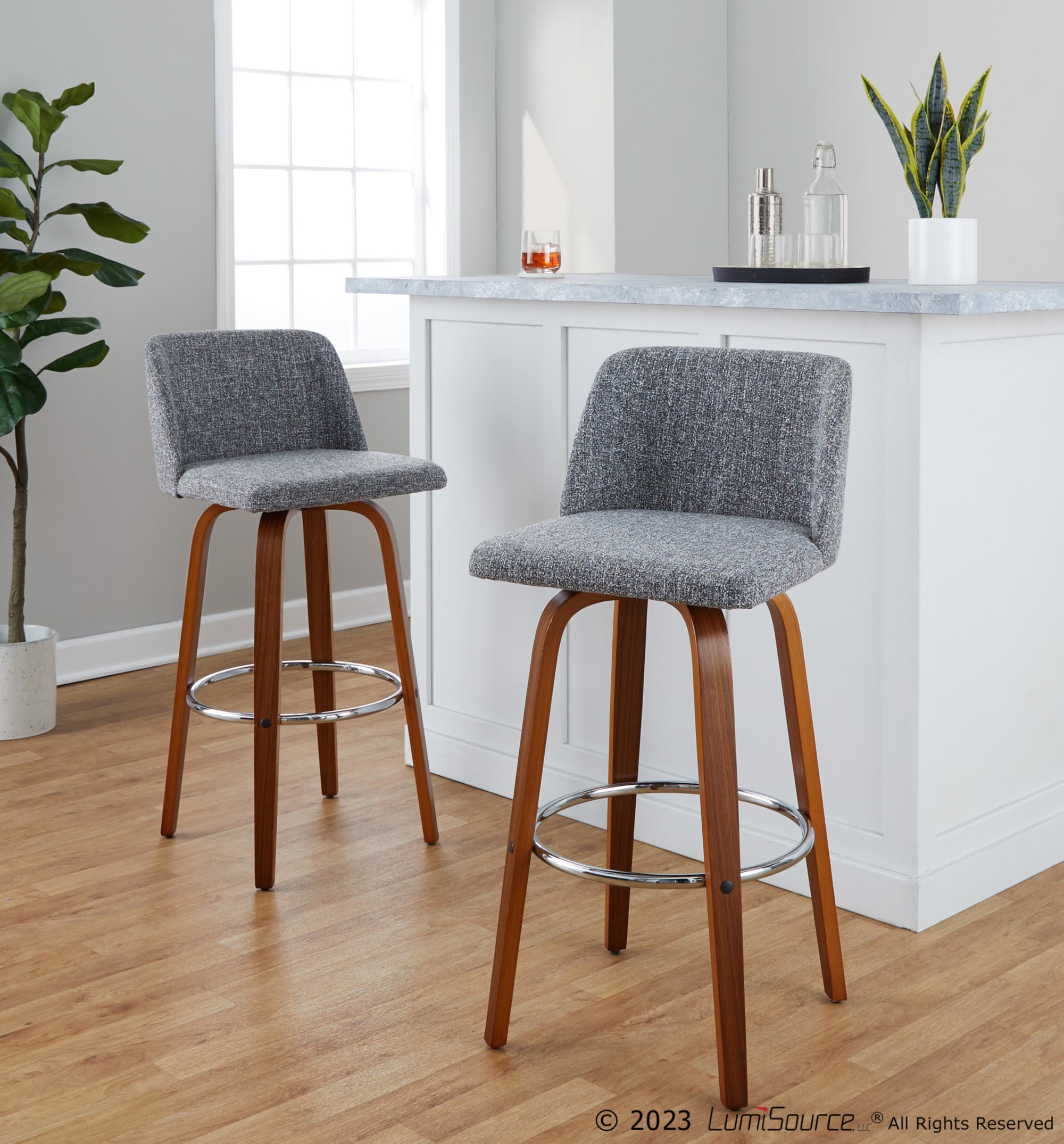 Toriano 30" Mid-Century Modern Swivel Barstool in Walnut (Set of 2) (Set of 2) 2 Toriano 30" Mid-Century Modern Swivel Barstool in Walnut (Set of 2) (Set of 2) - Image 2