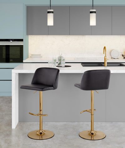 Toriano Black Faux Leather Gold Contemporary Adjustable Swivel Barstool (Set of 2)