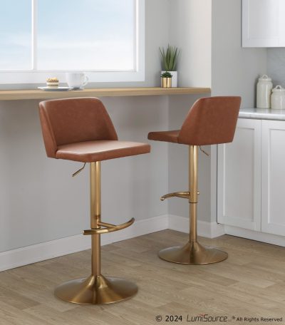 Toriano Camel Faux Leather Gold Contemporary Swivel Barstools (Set of 2)