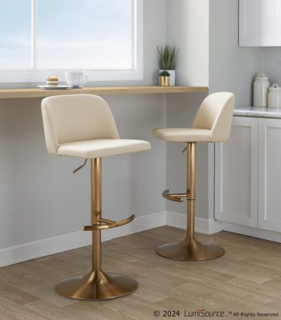 Toriano Cream Contemporary Adjustable Swivel Barstool Gold (Set of 2)