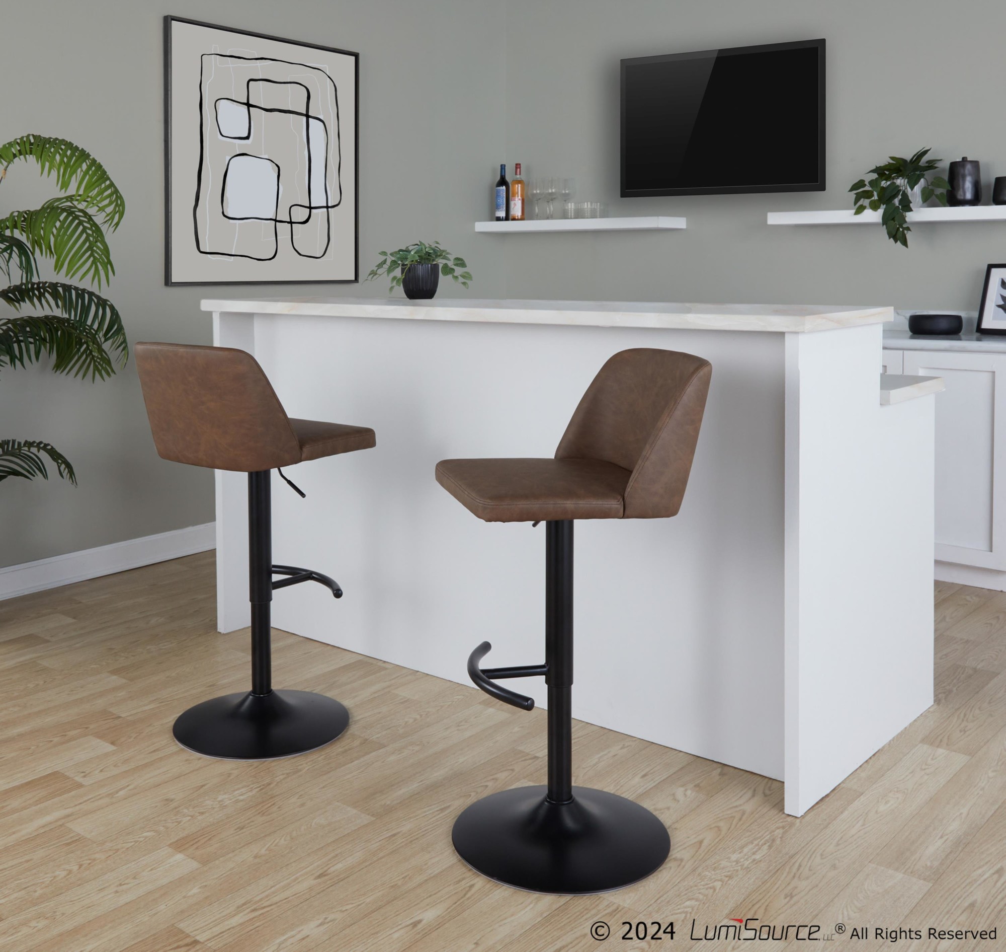 Toriano Espresso Faux Leather Contemporary Adjustable Bar Stools (Set of 2) 2 Toriano Espresso Faux Leather Contemporary Adjustable Bar Stools (Set of 2) - Image 2