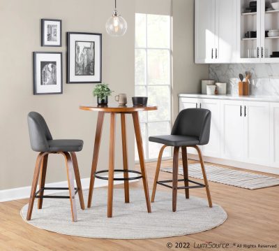 Toriano Mid-Century Modern Walnut 26-Inch Grey Faux Leather Stools (Set of 2)