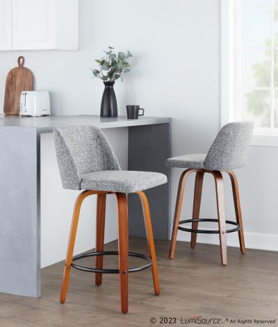 Toriano Mid-Century Modern Walnut Counter Stool with Grey Fabric and Black Footrest (Set of 2) (Set of 2)