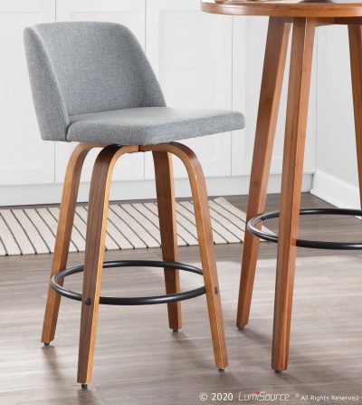 Toriano Mid-Century Walnut and Grey Fabric Counter Stools (Set of 2)