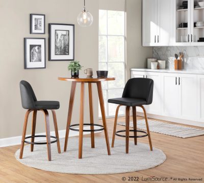 Toriano Walnut Black Faux Leather Mid-Century Modern Counter Stools (Set of 2)